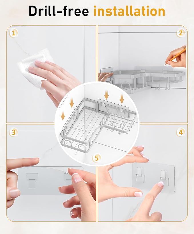 3 Pack Corner Shower Caddy Organizer, Rustproof Corner Shower Shelves, No Drilling Bathroom Corner Shelf with Hooks and Toothpaste Holder - Image 8