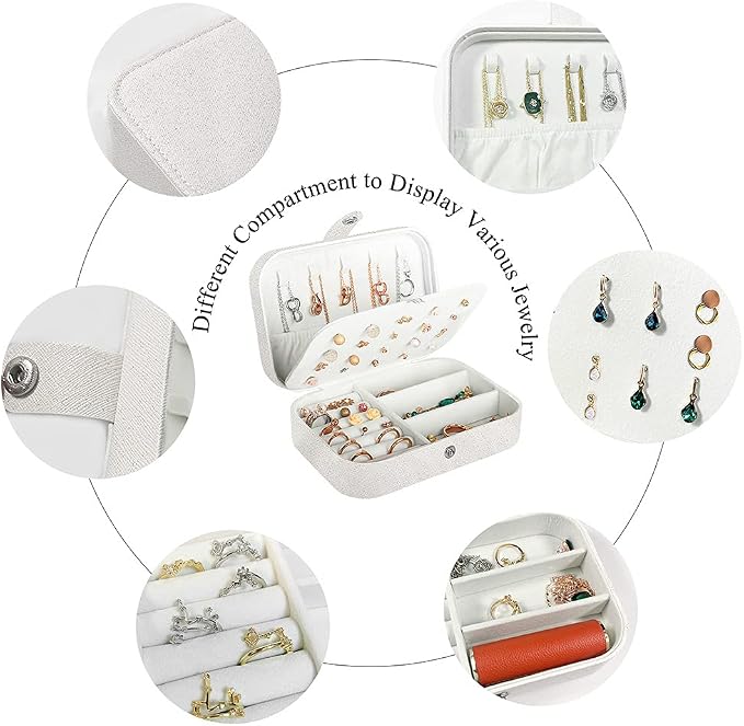 Hatori Travel Jewelry Box, PU Leather Small Jewelry Organizer for Women Girls, Portable Mini Travel Case Display Storage Holder Boxes for Stud Earrings, Rings, Necklaces, Bracelets (Glitter White) - Image 3