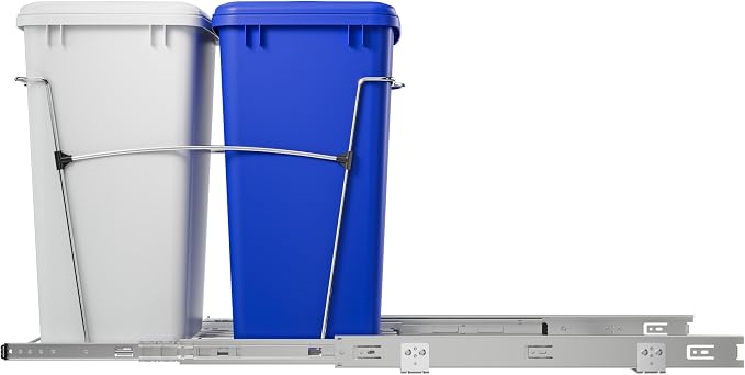 Rev-A-Shelf RV-18KD-11RC-S Double Pullout Trash Can for Kitchen Cabinets 35 Qt Garbage Recycling Bin on Full Extension Slide, Blue/White - Image 7