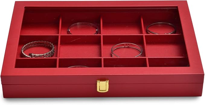 Oirlv 12 Gird Jewelry Tray with Acrylic Lid Premium Leather Jewelry Organizer Box Transparent Lid Bracelet Bangle Storage Case for Women Gift - Image 3
