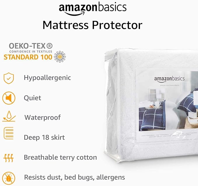 Amazon Basics Waterproof Breathable Mattress Protector, Full Size, 18 inch Deep, Machine Washable, White