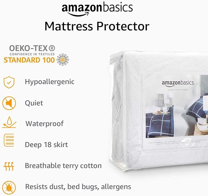 Amazon Basics Waterproof Breathable Mattress Protector, Twin Size, 18 inch Deep, Machine Washable, White
