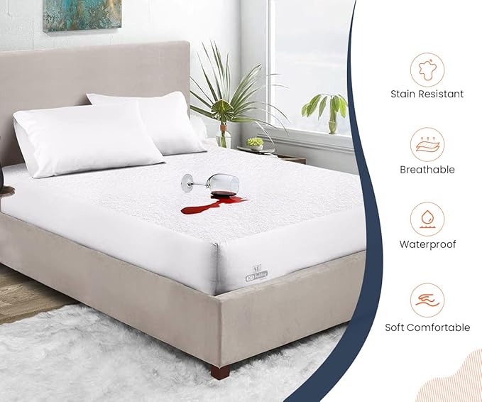 SGI bedding Waterproof 66X80 Olympic/Queen Mattress Protector – 15" Deep Pocket, Soft Noiseless & Breathable Fitted Style Bed Cover, Skin- Friendly Protection Against Moisture Spills & Stains – White