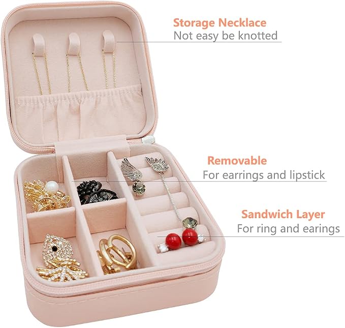TRODANCE Mini Jewelry Case, Small Travel Jewelry Organizer, Portable Jewelry Box Mini Storage Organizer Display Box For Rings Earrings Necklaces (Pink-4) - Image 2
