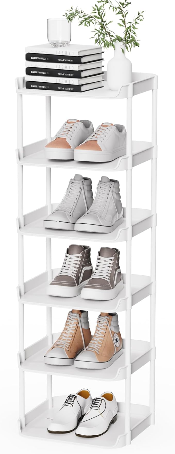 6 Tier Narrow Shoe Storage Rack, Compact Single Shoerack Stand for Slim Space, Stackable Tall Thin Show Tower, Solid Plastic Shelves, for Hallways, Kitchens, Bedrooms Tidy Organizer, White by Unknown