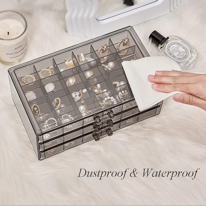 YUFONG Earring Storage Box Organizer 3 Drawers Acrylic Jewelry Storage Box Holder Transparent Jewelry Display Stand with 72 Small Compartments Gift for Women Girls (Clear Black) - Image 4