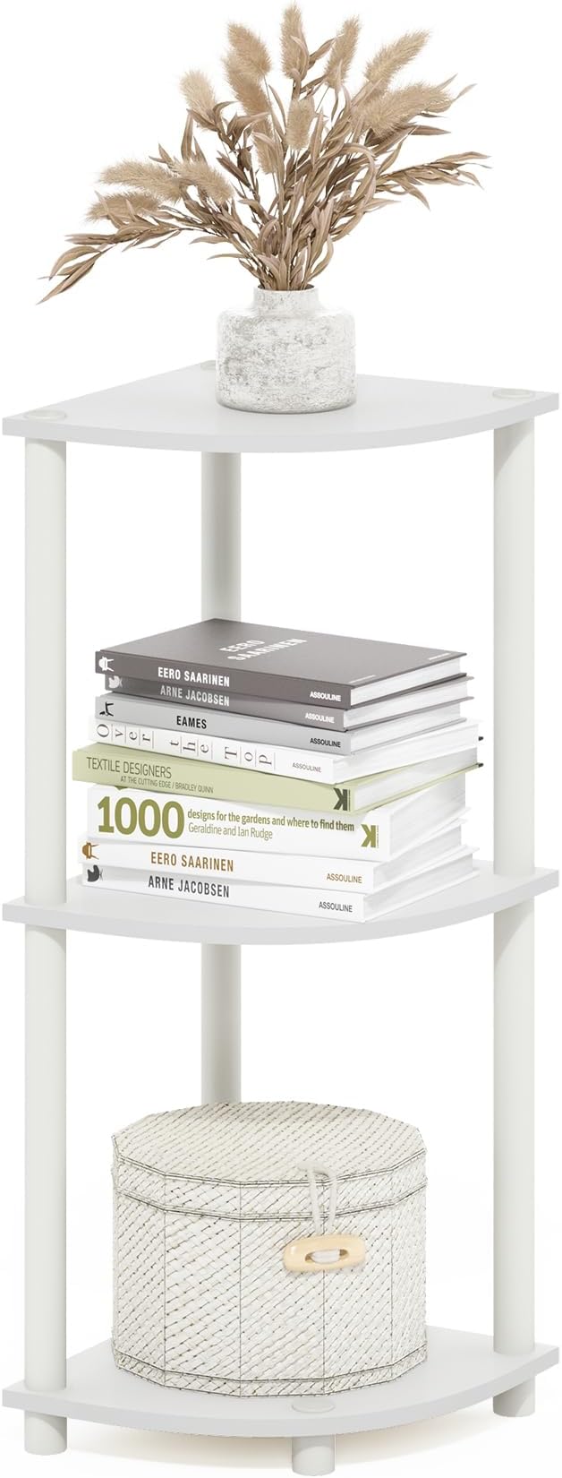Furinno Turn-N-Tube Corner Shelf, 3-Tier Corner Bookshelf, Display Storage Shelves with Open Shelves, for Organization and Storage, Living Room, Home Office, Garage, White by Furinno-FitsYourSpaceFitsYourBudget