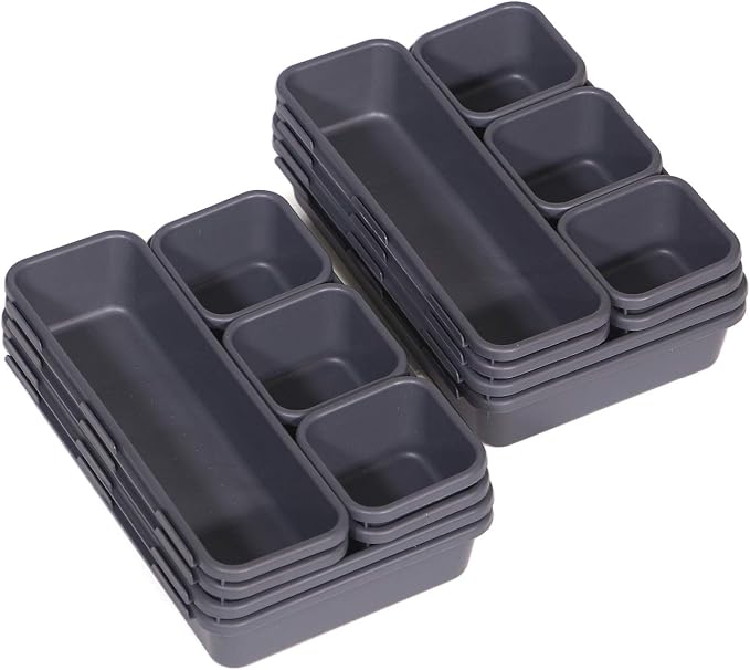 Set of 16 Interlocking Desk Drawer Organizer Tray Dividers Plastic Shallow Narrow Drawers Organizers Separators and Storage Bins Container for Kitchen Bathroom Makeup Office Vanity Bedroom Dresser - Image 3