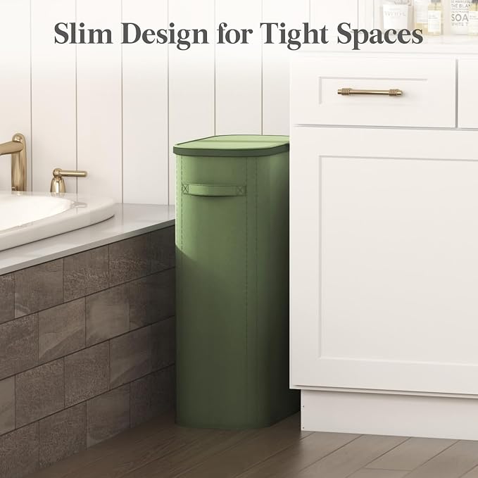Lifewit Slim Laundry Basket with Lid, Narrow Large Laundry Hamper with Plastic Handles and Removable Bag, Tall Foldable Dirty Clothes Hampers for Laundry Room, Bedroom, Bathroom, Dorm, 65L Green - Image 2