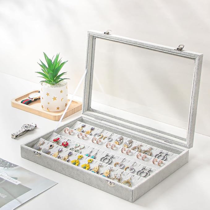 Coward Earring Organizer Tray Box, Grey Beige Velvet Earring Jewelry Display Storage Tray Case with Transparent Glass Lid for Home Drawer or Shop Selling - Image 2