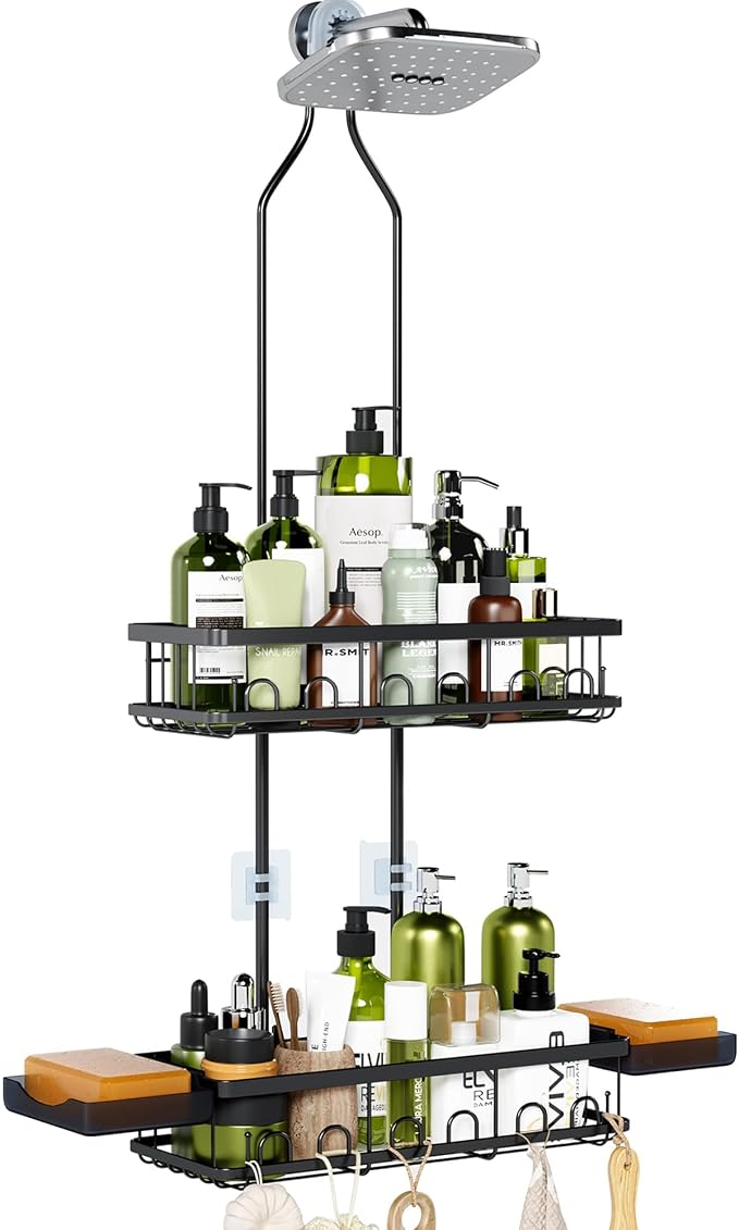 Skyapex Shower Caddy Hanging: Adjustable Height Organizer for Over Showerhead - Black Rustproof Shower Shelves with Hooks & 2 Soap Holders by Skyapex