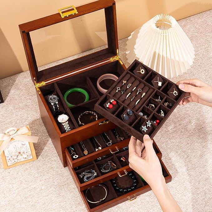 4-Layer Black Walnut Wooden Jewelry Box with Glass Lid, Soild Wood,Jewelry Organizer for Versatile Necklace, Watch, Ring Earring Storage for Women Christmas Gift - Image 4