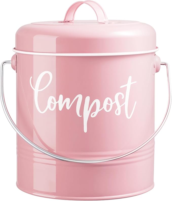 DAYYET Compost Bin Kitchen, 1.3 Gallon Farmhouse Kitchen Compost Bin Countertop, Indoor Countertop Compost Bucket with Lid and Charcoal Filters, Pink by DAYYET