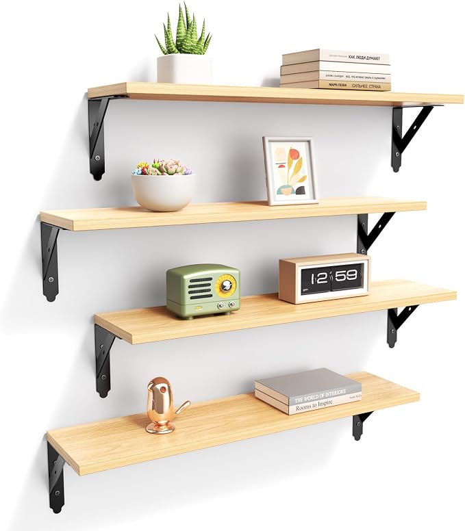 ROMGUAR CRAFT Wood Floating Shelves Set of 4, Rustic Storage Decor Wall Shelves, Wall Mounted Shelf for Living Room, Bedroom 23.6" x 6", Natural by ROMGUAR+CRAFT