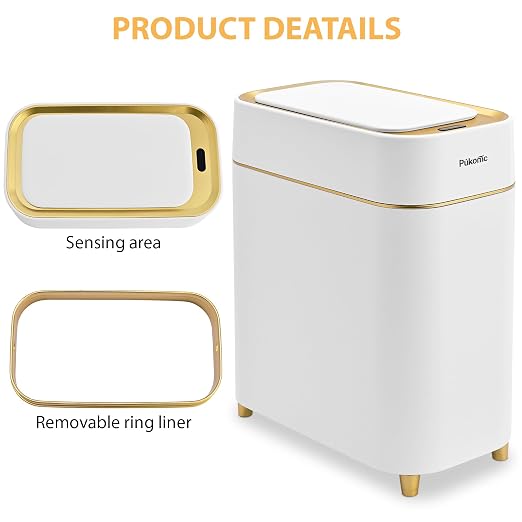 Pukomc Automatic Small Sensor Trash Can with Touchless Lid, 2.3 Gallon / 9L Smart Garbage Can, Quiet Close White Gold Waste Bin - Perfect for Kitchen, Living Room & Small Spaces - Image 8