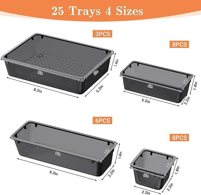 SpaceHacks 25 PCS Plastic Drawer Organizer Set, 4-Size Versatile Organizer Tool Trays & storage Bins for Makeup, Jewelry, and Gadgets in Bathroom, Bedroom and Office,Clear Black - Image 2
