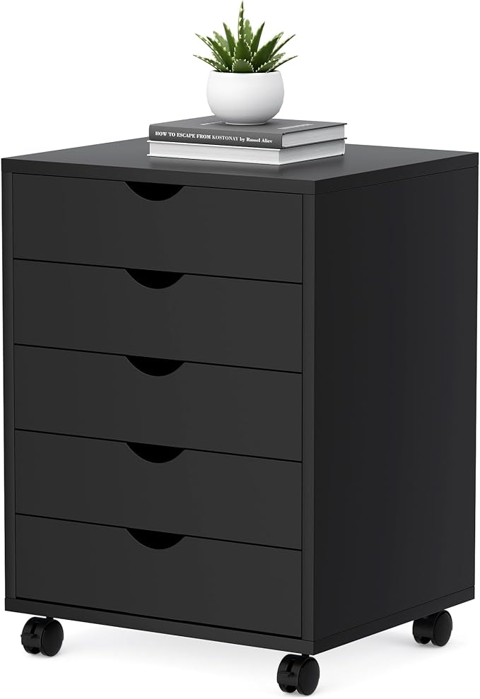 5 Drawer Mobile File Cabinet Under Desk Storage Organization with Wheels Vertical Filing Chest Rolling Wood Small Desk Printer Stand for Home Office, Black by ALPEN