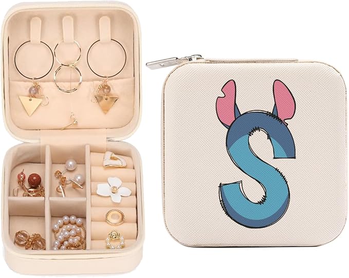 LONGXIN Cute Cartoon Gifts, Initial Travel Jewelry Case Small Jewelry Box Organizer, Personalized Gifts for Women Teen Girls, Birthday Christmas Gifts for Cartoon Lovers, Letter S by LONGXIN