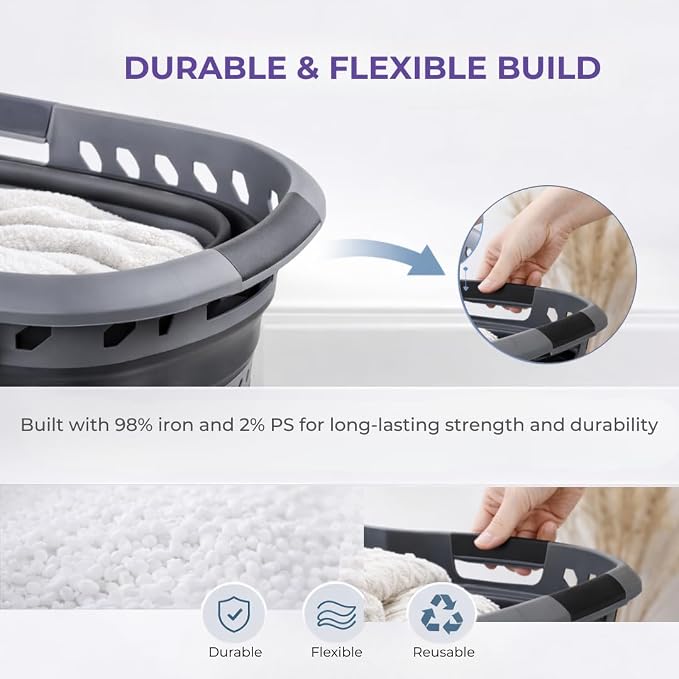 Laundry 360 Collapsible Laundry Basket 40L | Portable | Space Saver Storage | Hold 2 Loads | Store Under the Bed or Closet | Good for Kids | Dorm | Bedroom | Large | Grey/Black - Image 5
