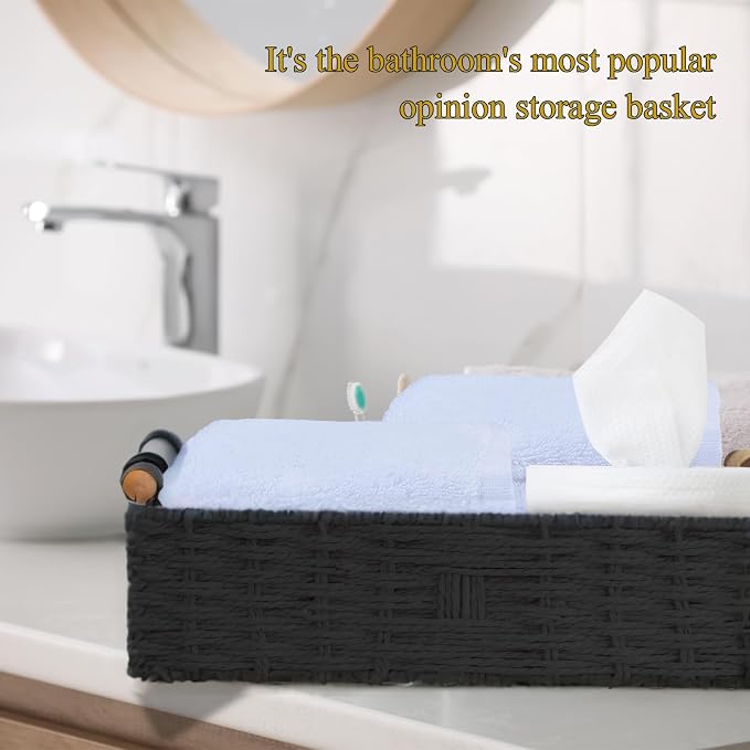 Round Paper Rope Storage Basket Wicker Baskets for Organizing with Handle Decorative Storage Bins for Countertop Toilet Paper Basket for Toilet Tank Top Small Baskets Set,Black - Image 3