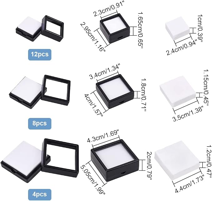 BENECREAT 24 Pack 3 Size Black Gemstone Display Box, Diamond Show Case Container with Clear Top Lids for Gems, Jewelry Packing - Image 2