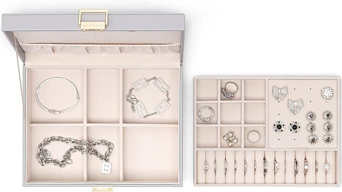 VLANDO 2 Layer Jewelry Box Large Jewelry Organizer for Women Removable Jewelery Tray for Necklace Earrings Rings Bracelets Jewelry Boxes Christmas Birthday Gifts for Women(Grey) - Image 6