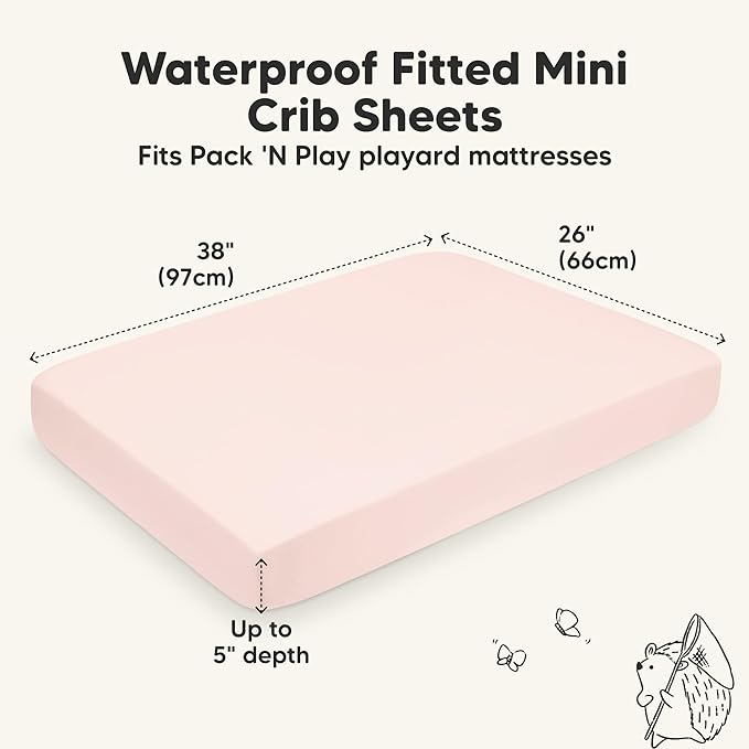 2-Pack Waterproof Pack and Play Sheets, Mini Crib Sheets Fitted for Boy, Girl - 38 x 26 Viscose from Bamboo Pack N Play Mattress Sheets for Graco, Toddler Playard Baby Crib Sheets Neutral (Mist Rose)