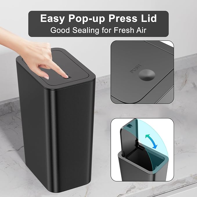 N. NETDOT 3 Pack 10L/2.6 Gal Bathroom Trash Can with Lid, Trash Bin with Press Lid, Small Trash Can/Slim Garbage Cans/Waste Basket for Bathroom,Kitchen,Office,Bedroom - Black,Gray,Off White - Image 5