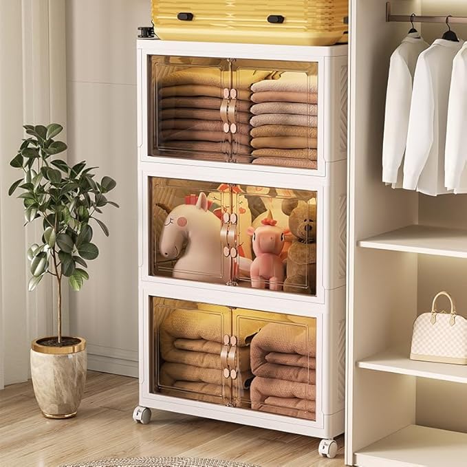 4 Tier Stackable Storage Bins with Lids, Total 199QT (4×49QT) Foldable Closet Organizer with Wheels, Collapsible Plastic Storage Boxes for Clothes, Toys, Kitchen, Office, and Dorm Room