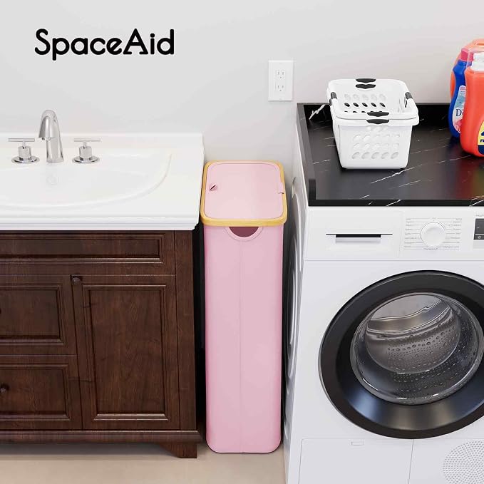 SpaceAid Slim Laundry Hamper with Lid, 65L Narrow Clothes Basket Bin with Bamboo Handles, Skinny Tall Collapsible Hamper for Bedroom, Bathroom, Dorm, Laundry Room - Pink - Image 3