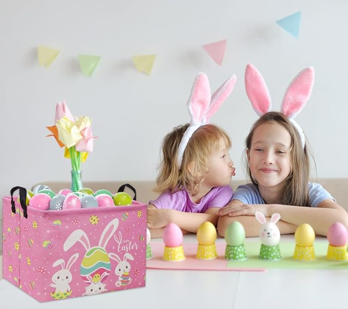 Rectangular Easter Baskets Gift Basket Empty Pink Bunny Kids Storage Bin Baby Boy Basket Kids Toy Storage Bin Organizer Box Easter Room Decor for Home(Pink Easter) - Image 5