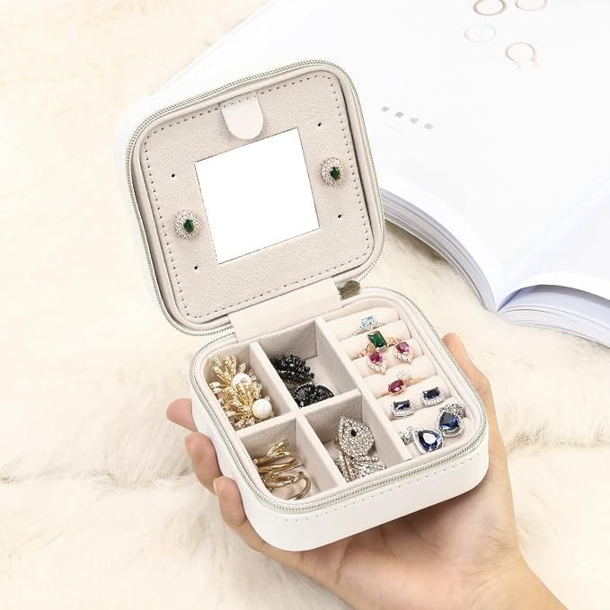 Jewelry Case with Mirror, Small Travel Jewelry Organizer, Portable Mini Storage Box for Rings, Earrings, Necklaces, Gift for Mother Mom, Girl, Daughter, Sisters, Bridesmaids, Mother's Day Gift (White) - Image 2