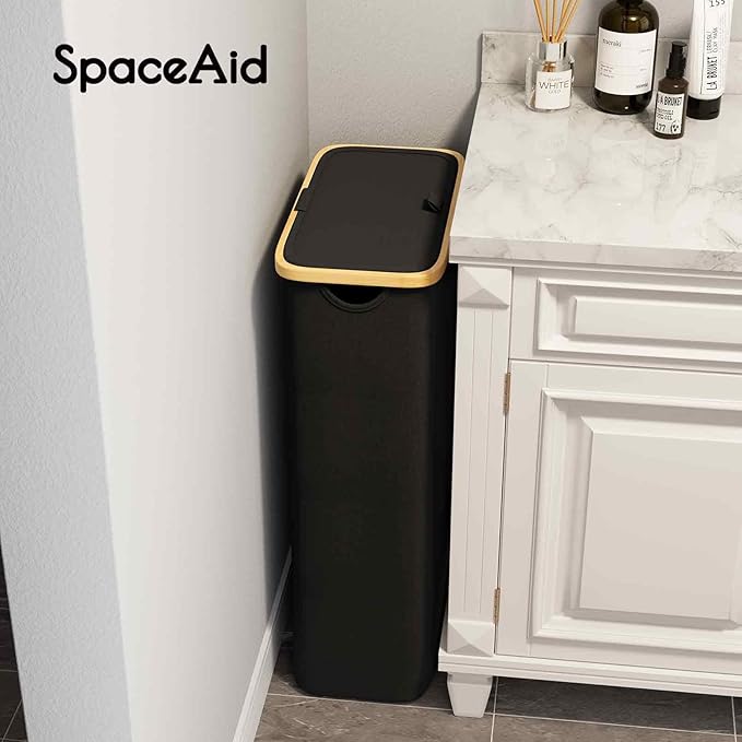 SpaceAid Slim Laundry Hamper with Lid, 65L Narrow Clothes Basket Bin with Bamboo Handles, Skinny Tall Collapsible Hamper for Bedroom, Bathroom, Dorm, Laundry Room - Black - Image 4