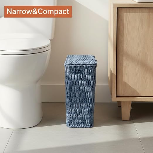 Coeusy 3 Gallon Paper Rope Bathroom Trash Can,Small Wicker Trash Cans with Lid and Liner,Woven Rattan Narrow Waste Basket for Bedroom,Office,Blue - Image 5