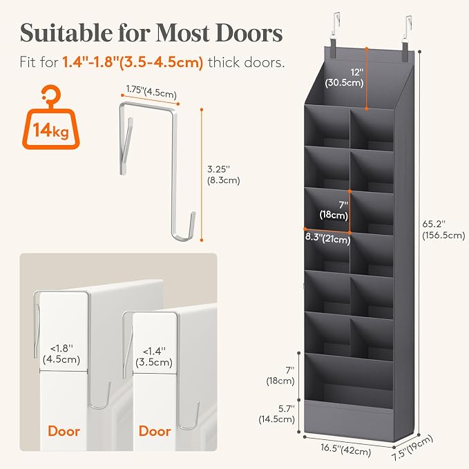 Lifewit 8 Tier Over the Door Shoe Organizer with 15 Large Deep Pockets, Fabric Hanging Shoes Shelf for Closet, Dorm Storage, Fit Up to 16 Pair Shoe Rack Holder for Sneakers, Boots, Gray - Image 2