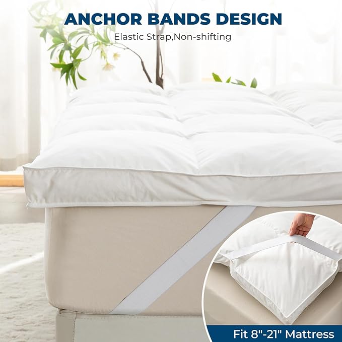 Goose Down Feather Mattress Topper, Full Down Mattress Protector Cover with Straps,Plush Soft Fluffy Baffled Pillowtop, Hypoallergenic Featherbed Cooling Pad All-Season Luxury(54X75 inch)
