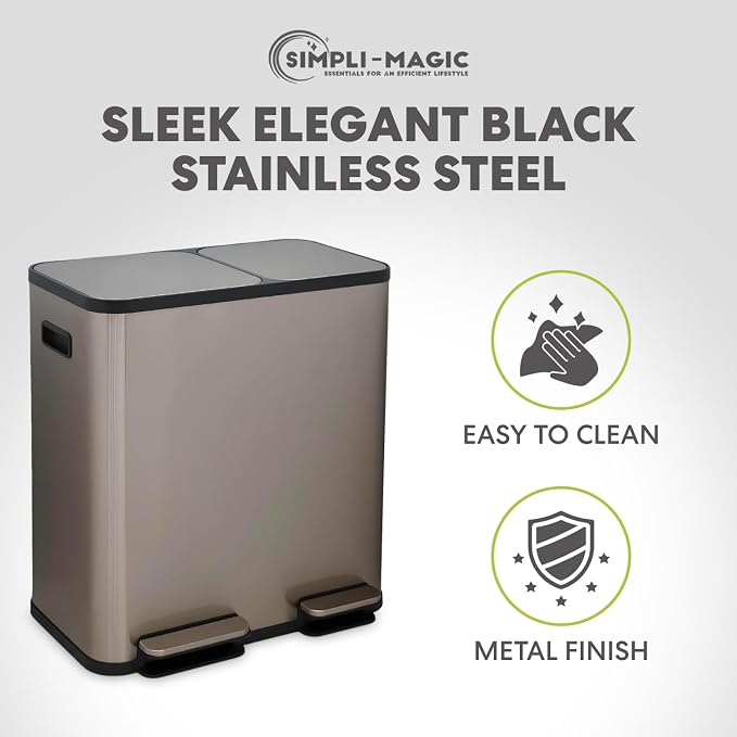 Simpli-Magic 70 Liter / 18.5 Gallon Rectangular Hands-Free Dual Compartment Recycling Kitchen Step Trash Can with Soft-Close Single Lid, Stainless Steel (40L x 30L Capacity) Rose Gold Finish - Image 8