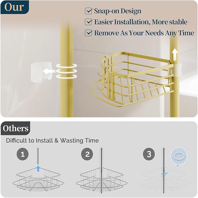 Consumest Corner Shower Caddy Tension Pole - Rustproof Shower Shelves with Towel Bar & Soap Holder, Adjustable Bath Organizer for Bathroom Storage, 27.6-108.3 inch, Gold - Image 4