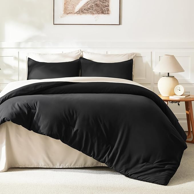 Litanika Oversized King Comforters Black Super King Size, 3 Pieces Lightweight Solid Bedding Comforter Set, All Season Fluffy Bed Set (120x120In Comforter & 2 Pillowcases)