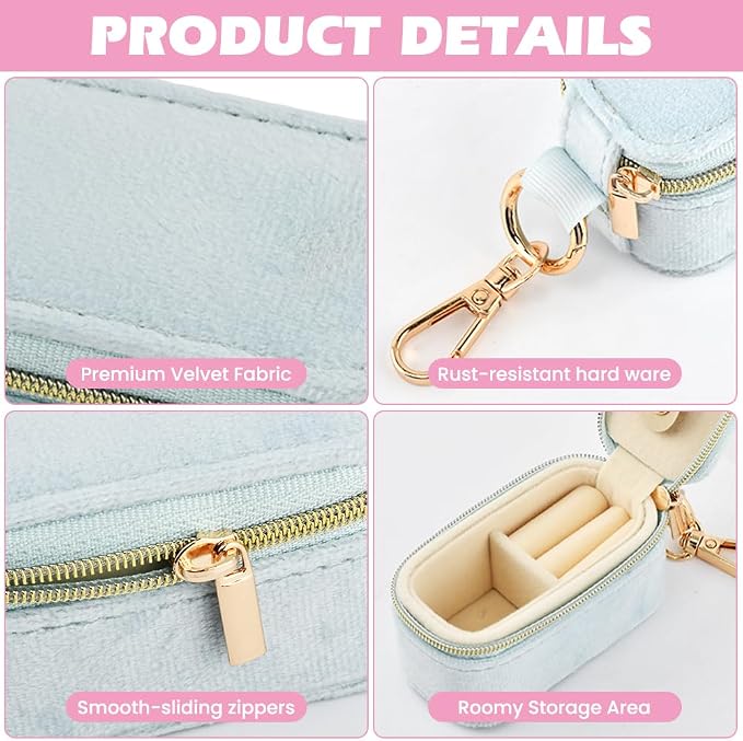 Velvet Mini Travel Jewelry Case, 2 in 1 Ring Holder Keychain + 50 Plastic Earrings, Portable Small Jewelry Organizer for Women, Travel/Gym/Wedding/Bridesmaid Gift - Image 3