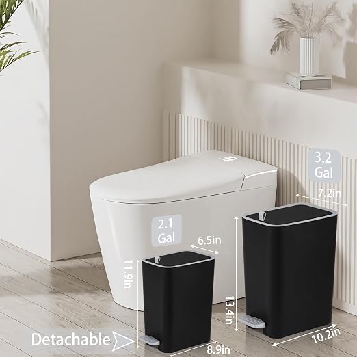 rejomiik Small Bathroom Trash Can with Lid, 2.1 Gallon Step Garbage Can with Handle, Slim Mini Wastebasket Bin for Bedroom, Office, Dorm, Black - Image 2