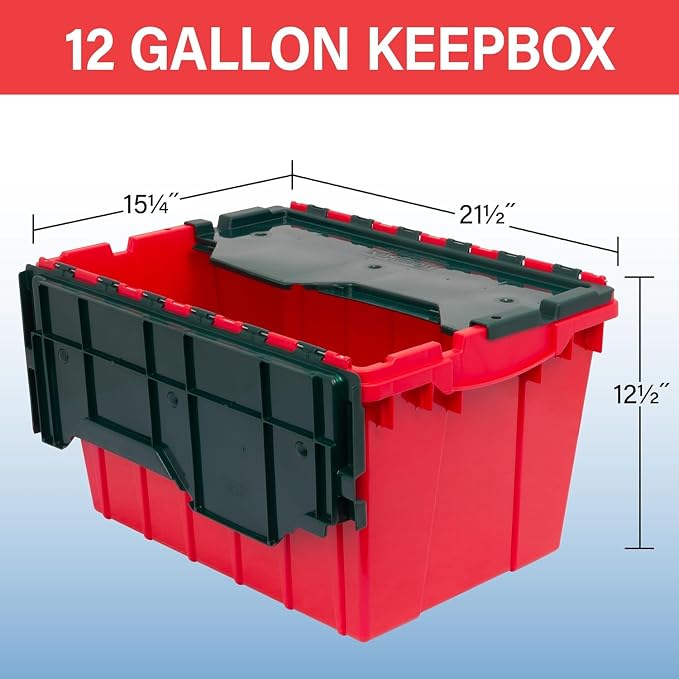 Akro-Mils KeepBox 12 Gallon Storage Container, Nesting and Stackable Plastic Storage Box with Lid Attached, Organizer Tote for Garages, Closets, and Moving, 21-1/2" x 15" x 12-1/2", Red/Green - Image 3
