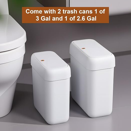 funest 2 Pack Bathroom Trash Can with Lid, 3 Gal/12 L & 2.7 Gal/10L Garbage Can with Pop-Up Lid, Small Spaces Plastic Trash Can, Slim Trash Bin Waste Basket for Bathroom,Rv, Office, White - Image 6