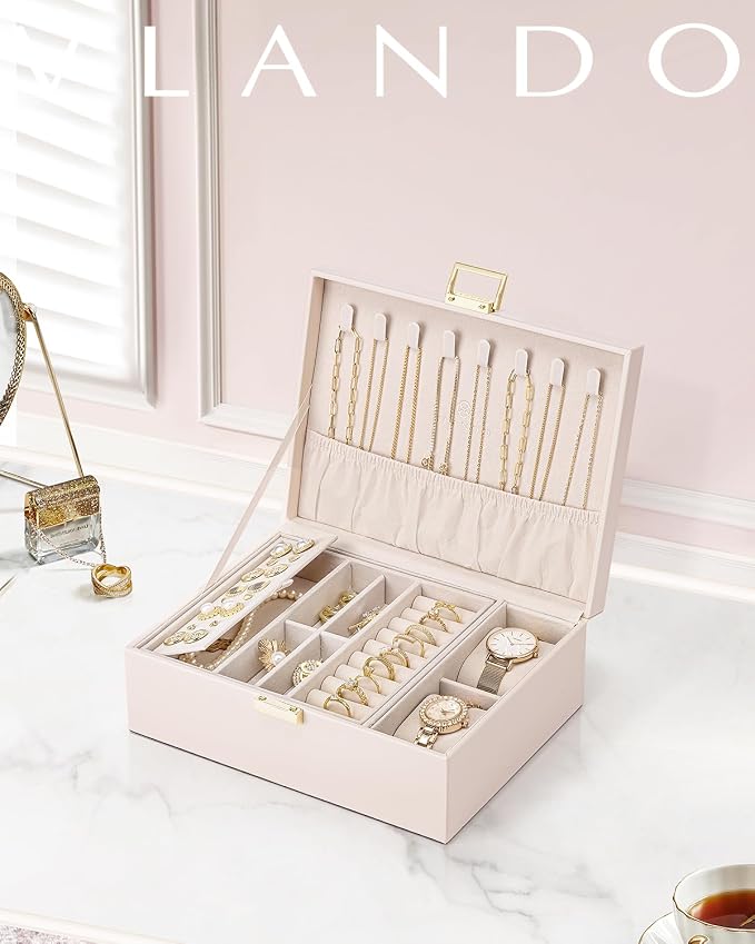 VLANDO 2 Layer Jewelry Boxes Large Jewelry Organizer for Women Removable Jewelery Tray for Watch Necklace Earrings Rings Bracelets Mothers Gifts Mom Gifts(Apricot White) - Image 4