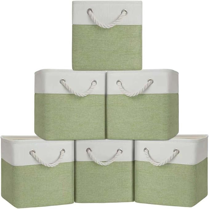 Cube Storage Bins, Collapsible Fabric Storage Cubes Bins, 11 Inch Cube Storage Bins with Handles, Foldable Storage Cubes (White/Green, 6Pack) by BOFUGA