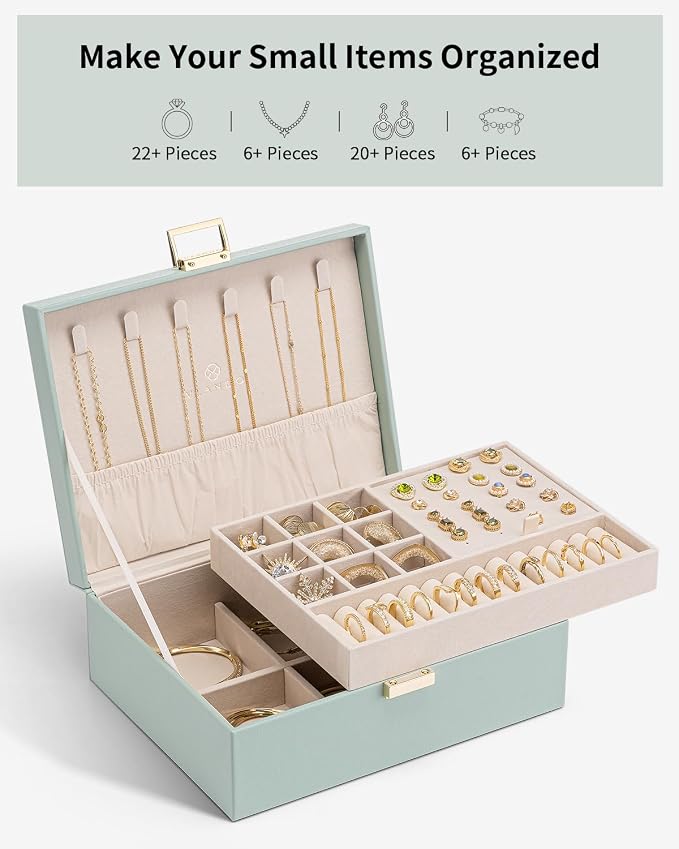 VLANDO 2 Layer Jewelry Box Large Jewelry Organizer for Women Removable Jewelery Tray for Necklace Earrings Rings Bracelets Holidays Gifts for Mom Wife (Green) - Image 4