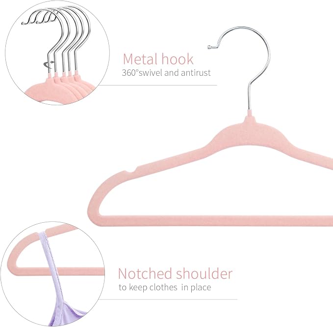 ManGotree Velvet Baby Clothes Hangers, Baby Toddler Kids Hangers with Swivel Hook, Notched Shoulder Design for Kids and Children Clothes (30 Pack, Light Pink) - Image 3