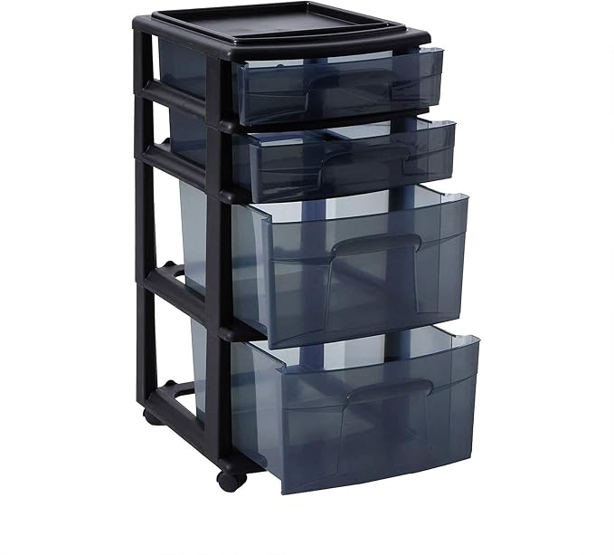HOMZ Drawer Tower, 4-Tier Clear Plastic Storage Organizer Cart, Black Frame - Rolling Drawer Containers with Wheels for Bathroom, Bedroom, Office, and Classroom Organization - Image 9