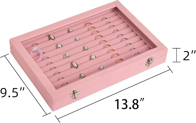 Frebeauty Rings/Earrings Organizer Tray with Clear Lid 10 Slots Velvet Drawer Insert Jewelry Storage box Transparent Glass lid Jewelry Display Case Showcase Gift for Girls Women (Pink, 10 Slots) - Image 2