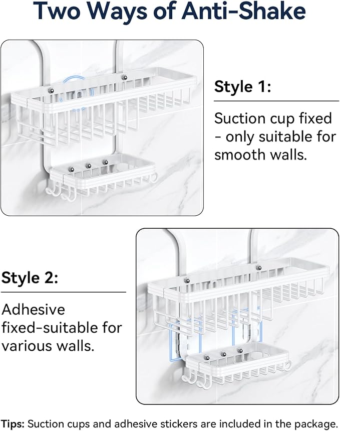 YASONIC Never-Rust Aluminum Hanging Shower Caddy – Over-the-Showerhead Organizer with 10 Hooks for Razor and Sponge – Includes Soap Basket – White - Image 6